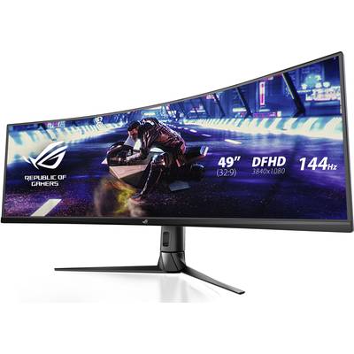 Breiter, gebogener Gaming-Monitor mit 'Republic of Gamers'-Logo, 49 Zoll, DFHD-Auflösung, 144 Hz, zeigt ein Rennspiel auf dem Bildschirm.