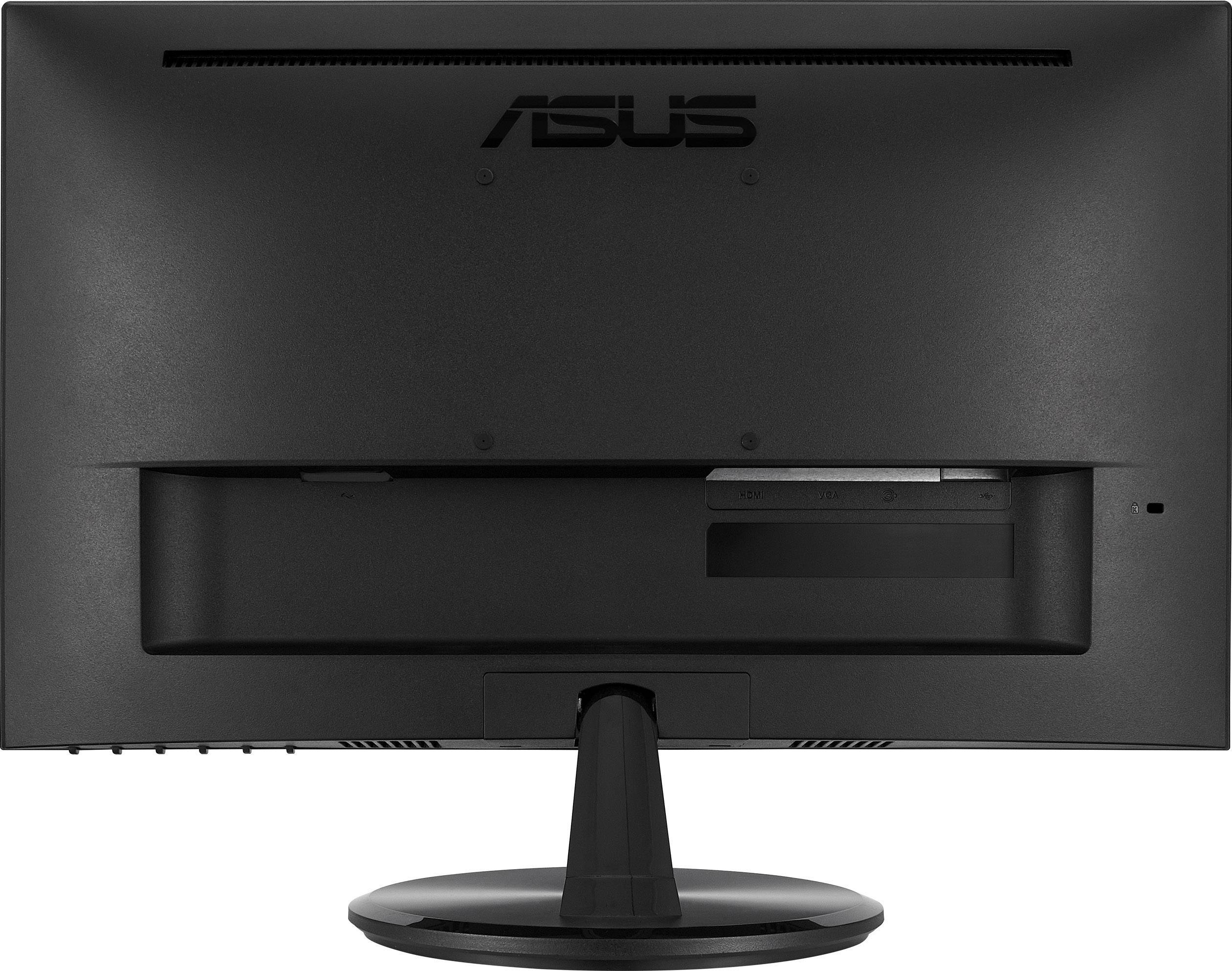 Rückansicht eines schwarzen Monitors mit dem Logo 'Asus' oben. Der Monitor steht auf einem runden Standfuß.