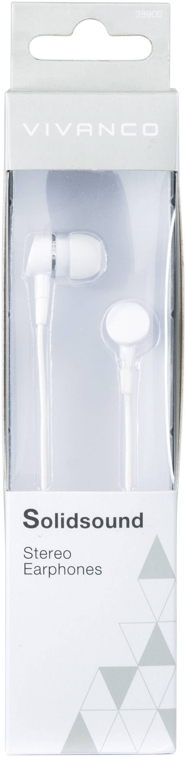 Verpackung von 'Vivanco Solidsound Stereo Earphones' mit klarer Front und geometrischen Mustern. Enthält weiße In-Ear-Kopfhörer.