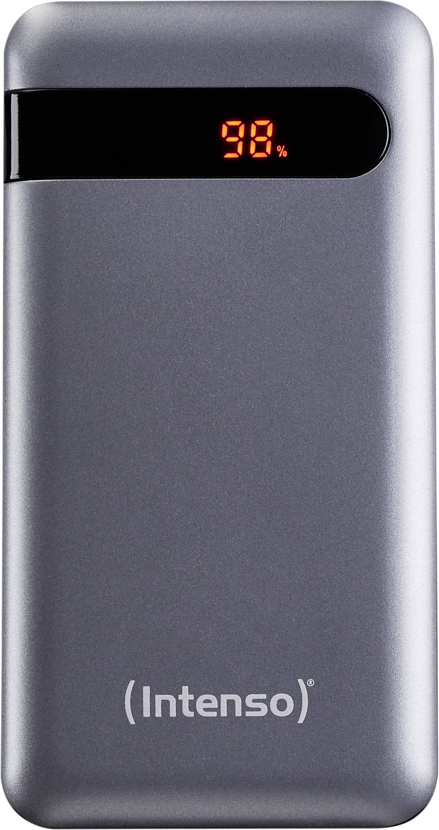 Eine silberne Powerbank mit einer digitalen Anzeige zeigt '98%' an. Das Logo 'Intenso' ist unten auf der Vorderseite zu sehen.