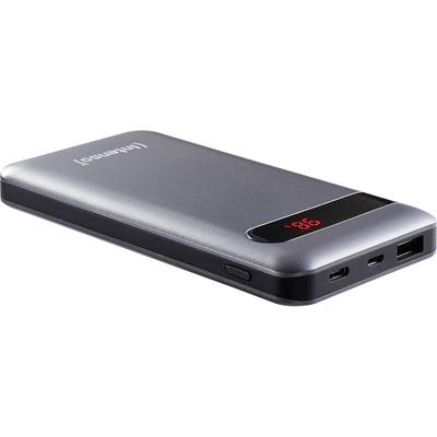 Ein silberner externer Akku mit digitaler LED-Anzeige; zeigt den Ladezustand an. Zwei USB-Anschlüsse sind sichtbar.