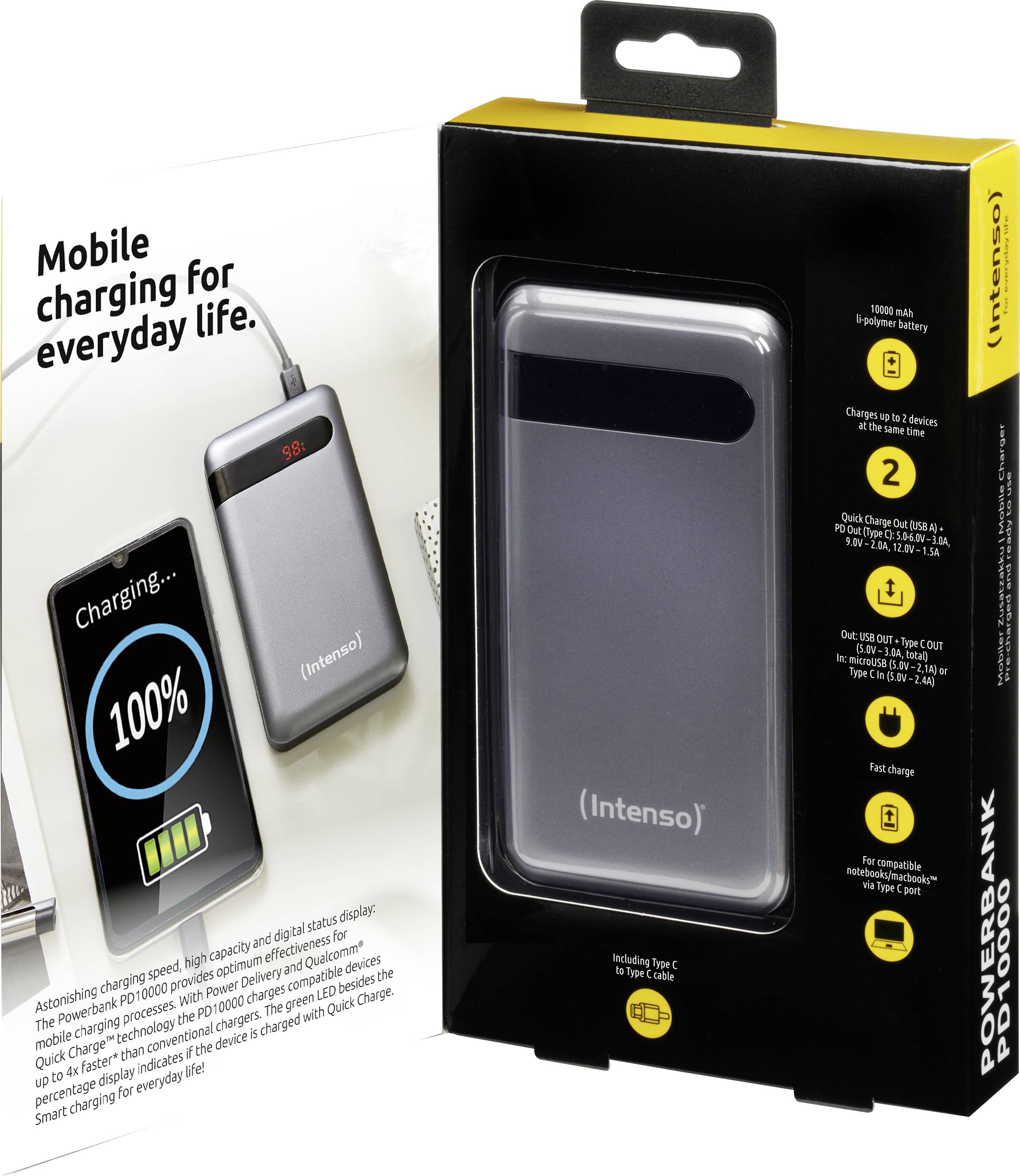 'Intenso' Powerbank-Verpackung neben einem geöffneten Flyer mit Bild einer ladenden Powerbank und Text 'Mobile charging for everyday life.'