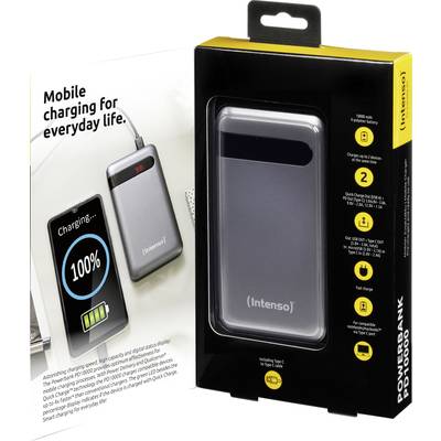'Intenso' Powerbank-Verpackung neben einem geöffneten Flyer mit Bild einer ladenden Powerbank und Text 'Mobile charging for everyday life.'