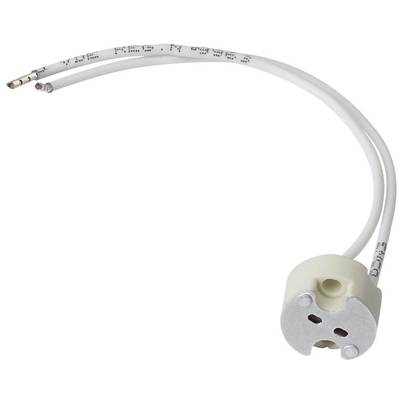 Zweipolige G9 Keramik-Lampenfassung mit weißen Kabeln, geeignet für Halogen- oder LED-Leuchtmittel, Nahaufnahme.