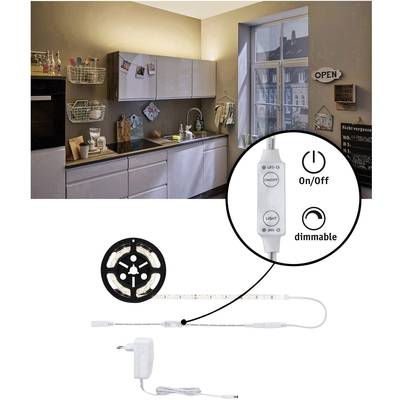 Beleuchtete Küche mit LED-Streifen. Steuerungseinheit zeigt 'On/Off' und 'dimmable'.