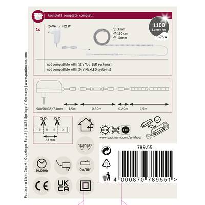 'Paulmann System: LED-Streifen, 24V, 150cm Länge, kompatibel mit MaxLED, 1100 Lumen, 75W. Inklusive Netzteil. CE und UKCA zertifiziert.'