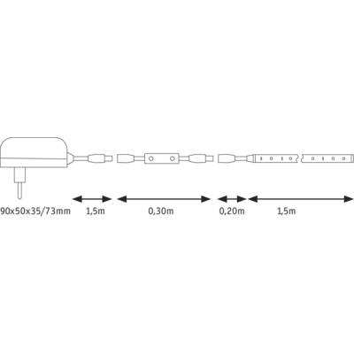Schema eines Steckers mit Maßen 90x60x35/73mm. Verbindungsstücke in Reihe: 1,5m, 0,30m, 0,20m, 1,5m. Entfernungen mit Pfeilen markiert.