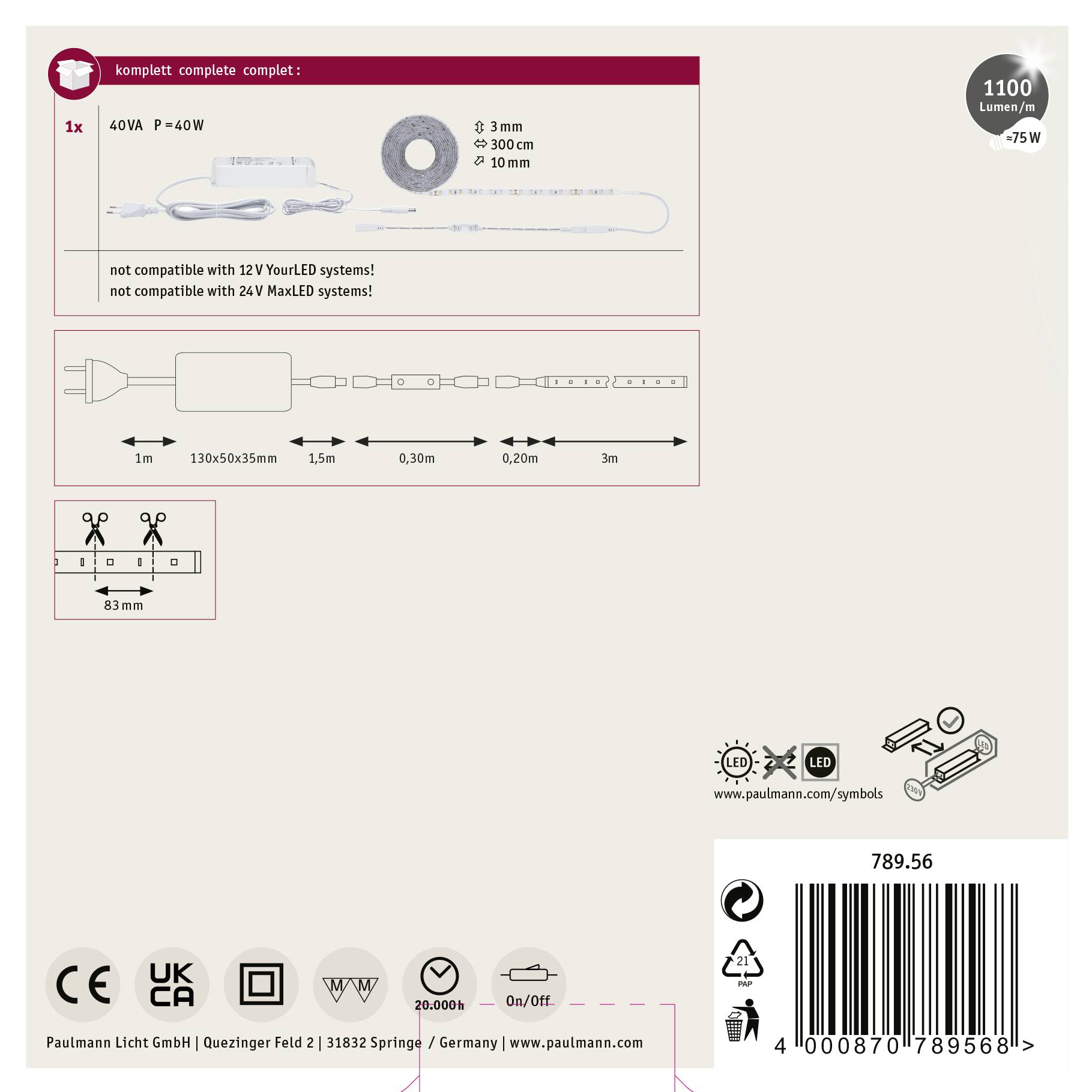 'Paulmann LED-System Schaltplan auf Kartonverpackung. Enthält Längenangaben und Installationshinweise für 40 Watt LED-Leuchtstreifen.'