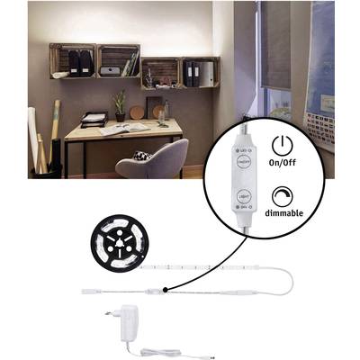 DIY-Arbeitsplatz mit Holzkisten-Regalen an der Wand, darunter ein Schreibtisch. LED-Lichtleiste mit Dimmer-Schalter abgebildet.