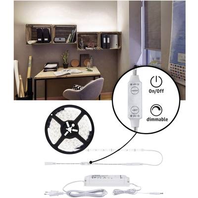 Ein Schreibtisch mit Stuhl und beleuchteten Regalen an der Wand. Eine Nahaufnahme zeigt eine LED-Leiste und Fernbedienung mit 'On/Off' und 'dimmable'.