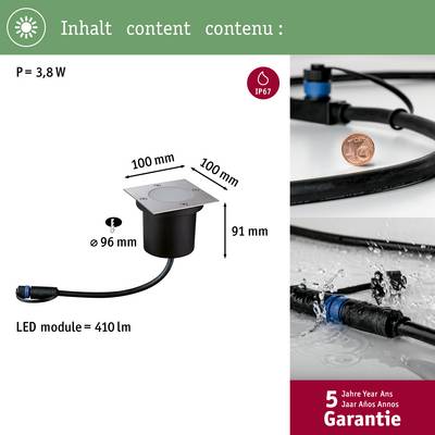 'LED-Bodenstrahler, 3,8W, Lichtstrom 414lm, IP67, Durchmesser 96mm, Höhe 91mm. Enthält Kabelanschluss und 5 Jahre Garantie.'