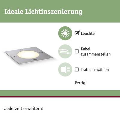 'Ideale Lichtinszenierung' mit einer Abbildung einer Leuchte, Anweisungen zur Kabelzusammenstellung und Trafowahl. Text: 'Fertig! Jederzeit erweitern!'