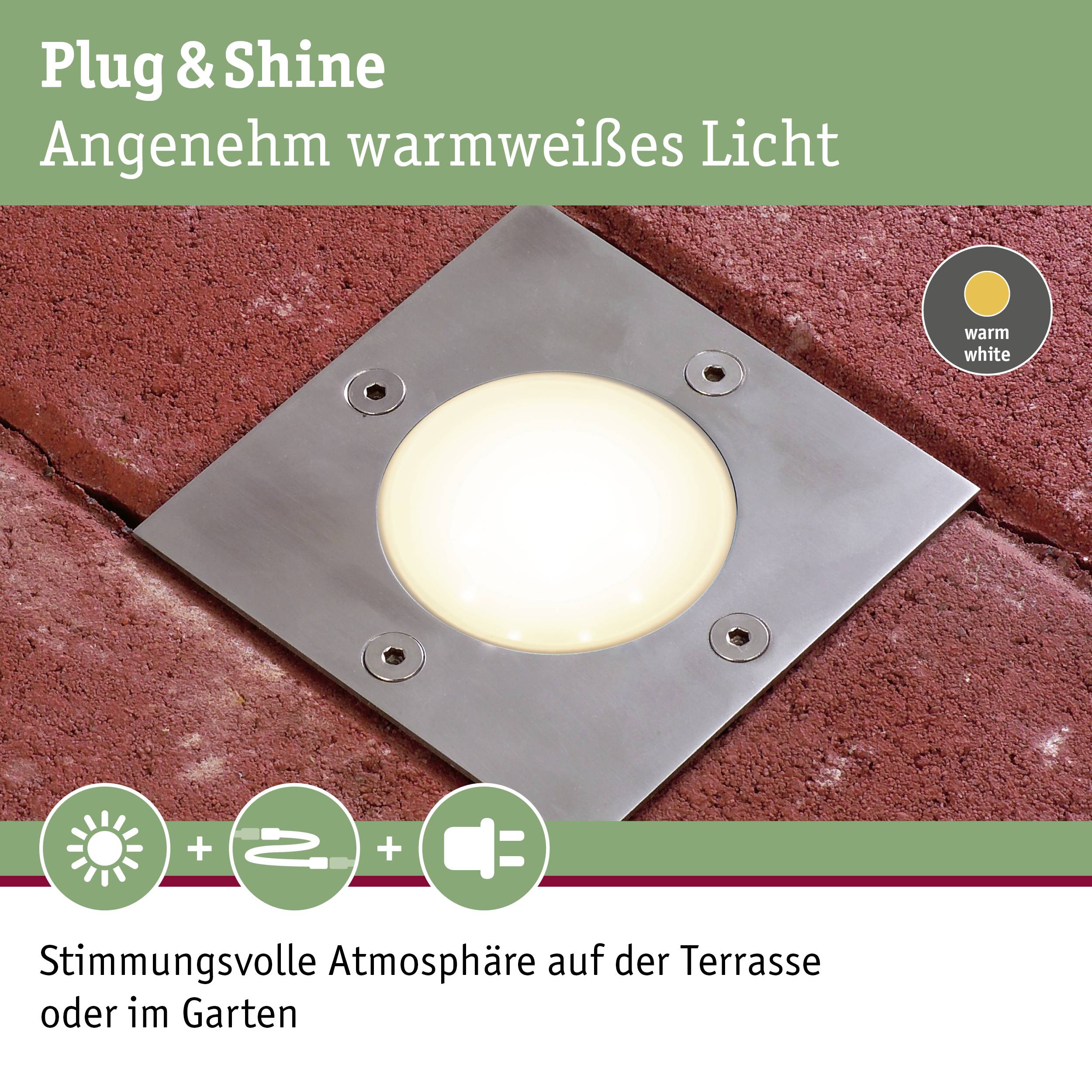 Bodenleuchte aus Edelstahl in roten Fliesen eingearbeitet, warmweißes Licht. Text: 'Stimmungsvolle Atmosphäre auf der Terrasse oder im Garten'.