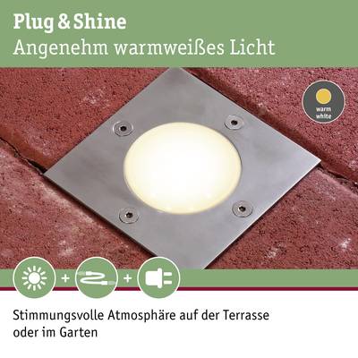Bodenleuchte aus Edelstahl in roten Fliesen eingearbeitet, warmweißes Licht. Text: 'Stimmungsvolle Atmosphäre auf der Terrasse oder im Garten'.