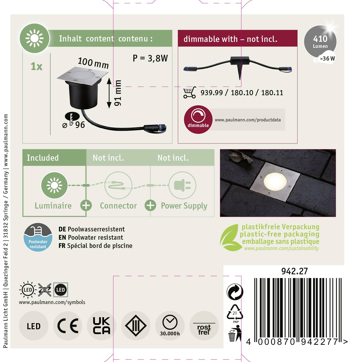 'Plug & Shine Leuchtenkopf 3000K' von Paulmann. In der Verpackung: Leuchtkopf, Verbindungskabel. Eigenschaften: Kunststoff, wasserfest, 410 Lumen.