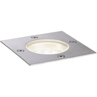 Ein quadratischer Einbaustrahler aus Metall mit rundem, eingelassenem Leuchtmittel, geeignet für Bodenmontage.