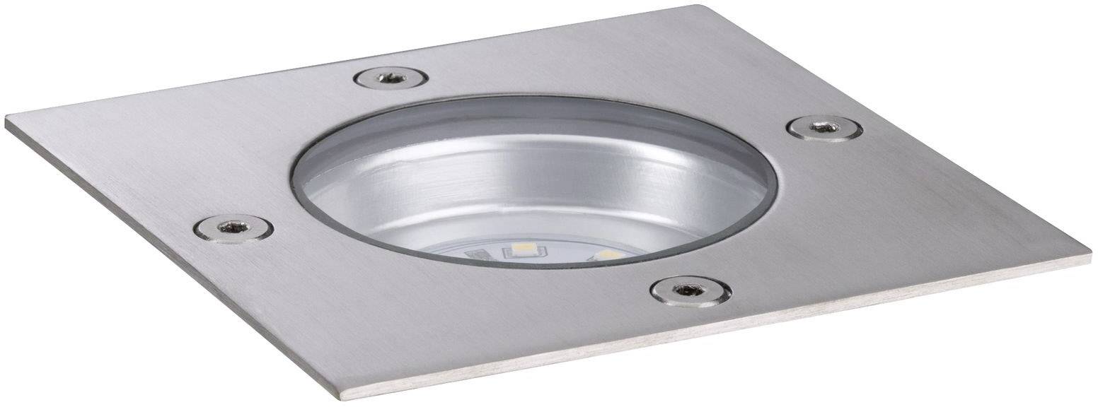 Quadratische Einbauleuchte aus Metall mit runder Öffnung und LED-Lampe, geeignet für den Außenbereich oder Bodenmontage.