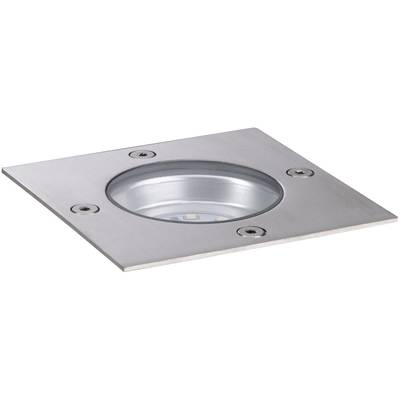 Quadratische Einbauleuchte aus Metall mit runder Öffnung und LED-Lampe, geeignet für den Außenbereich oder Bodenmontage.