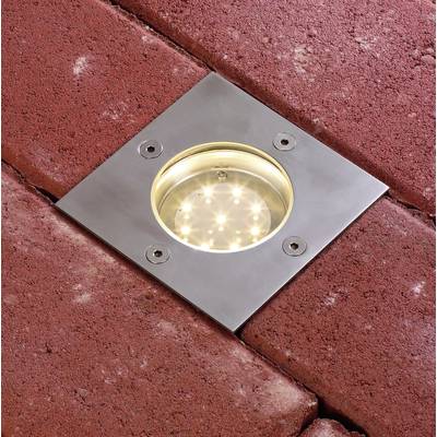 Bodenleuchte in einer gepflasterten Oberfläche integriert, quadratischer Edelstahlrahmen mit kreisförmigem LED-Licht.