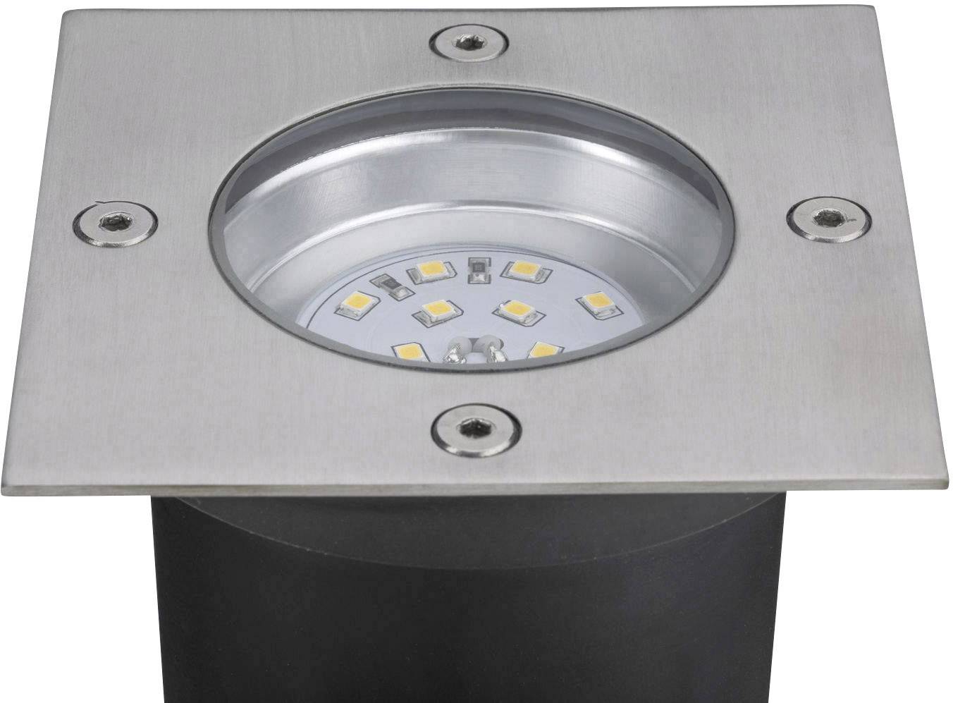 Bodenleuchte aus gebürstetem Metall mit kreisförmigem LED-Licht in der Mitte, geeignet für Außenbeleuchtung.