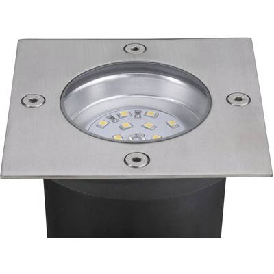 Bodenleuchte aus gebürstetem Metall mit kreisförmigem LED-Licht in der Mitte, geeignet für Außenbeleuchtung.