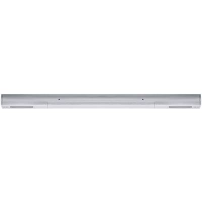 Silberne Klimaanlage an einer Wand montiert, mit schlankem, rechteckigem Design und Lufteinlässen an den Seiten.