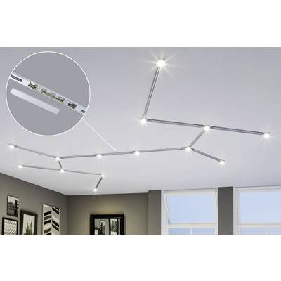 Deckenleuchten-System mit mehreren LED-Spots in modernem Wohnbereich. Vergrößerter Ausschnitt zeigt technische Details der Schiene.