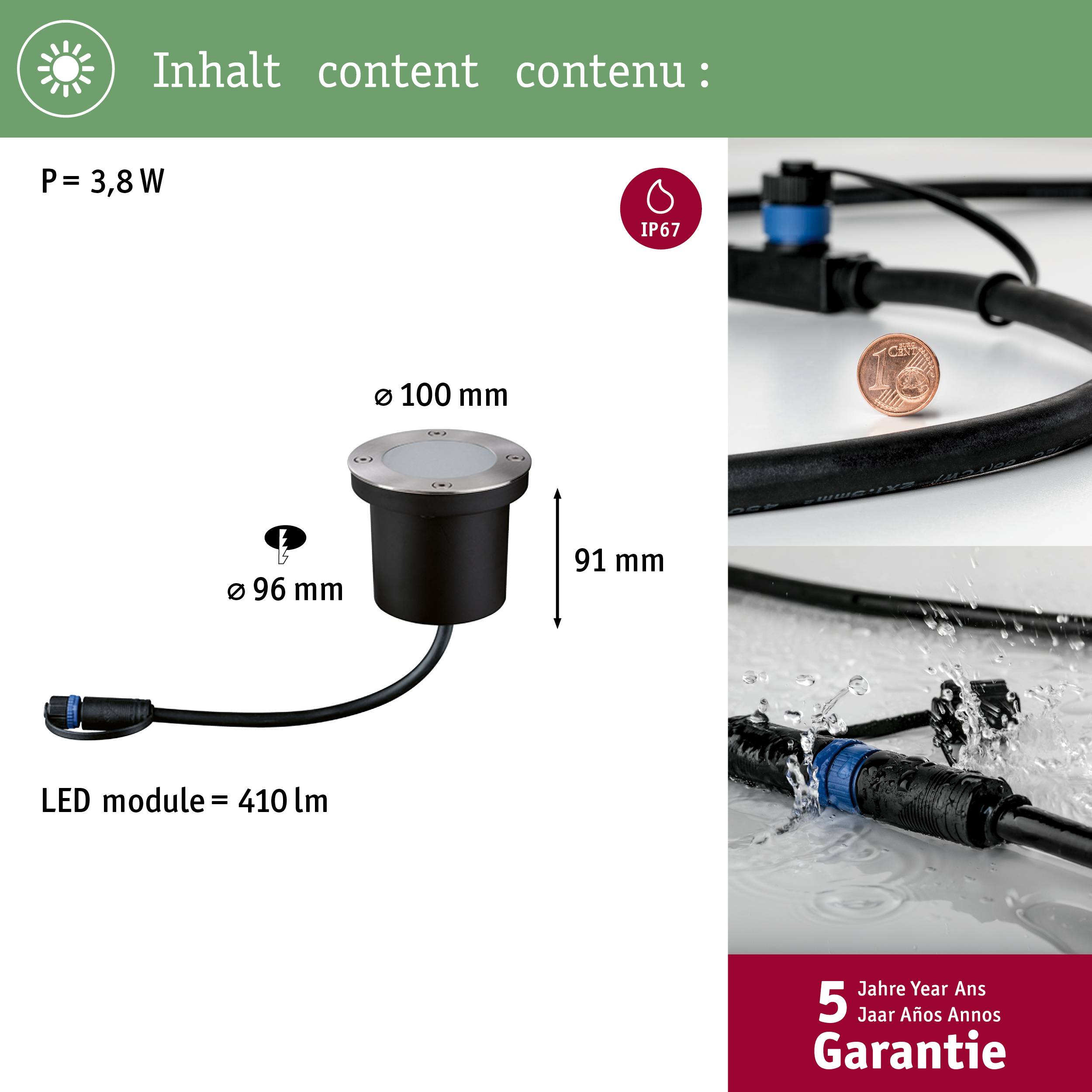 'Einbauleuchte mit 3,8W Leistung, Durchmesser 100mm. LED-Modul: 410lm, Schutzart IP67. Höhe 91mm, Durchmesser Einsatz 96mm.'