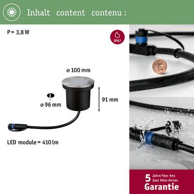'Einbauleuchte mit 3,8W Leistung, Durchmesser 100mm. LED-Modul: 410lm, Schutzart IP67. Höhe 91mm, Durchmesser Einsatz 96mm.'