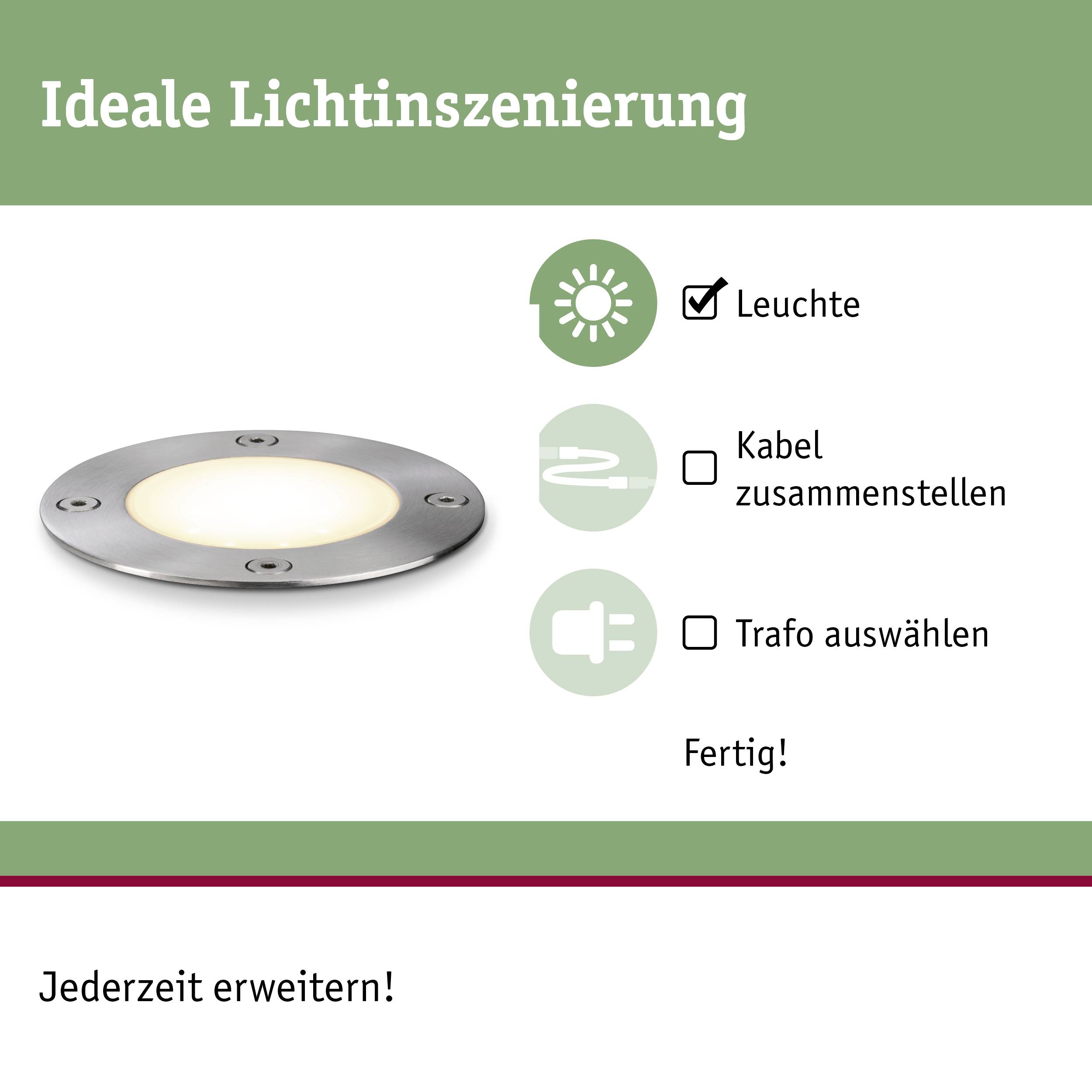 'Ideale Lichtinszenierung' zeigt eine beleuchtete Leuchte mit Anweisungen: Kabel zusammenstellen, Trafo auswählen. Fertig!