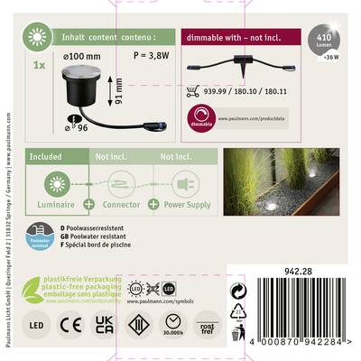 'Einbaulampe für Außenbereich, IP 65, integr. LED, Energieverbrauch: 3,8W, Lichtstrom: 410 Lumen, Abstrahlwinkel: 36°.'