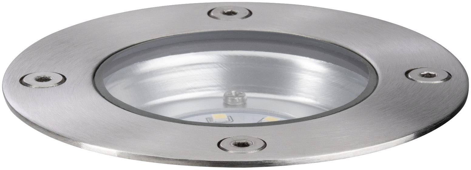 Runde, flache Bodeneinbauleuchte aus Metall mit Glasabdeckung und sichtbaren Schrauben. Sie enthält LEDs im Inneren.