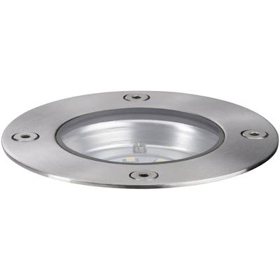 Runde, flache Bodeneinbauleuchte aus Metall mit Glasabdeckung und sichtbaren Schrauben. Sie enthält LEDs im Inneren.