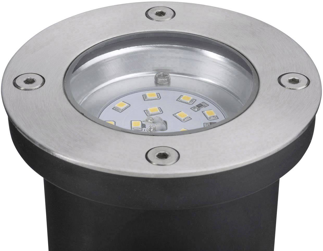 Eine runde LED-Bodenleuchte mit silbernem Rahmen, mehreren kleinen LED-Dioden im Inneren, geeignet für Außen- oder Gartenbeleuchtung.