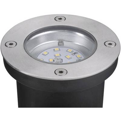Eine runde LED-Bodenleuchte mit silbernem Rahmen, mehreren kleinen LED-Dioden im Inneren, geeignet für Außen- oder Gartenbeleuchtung.