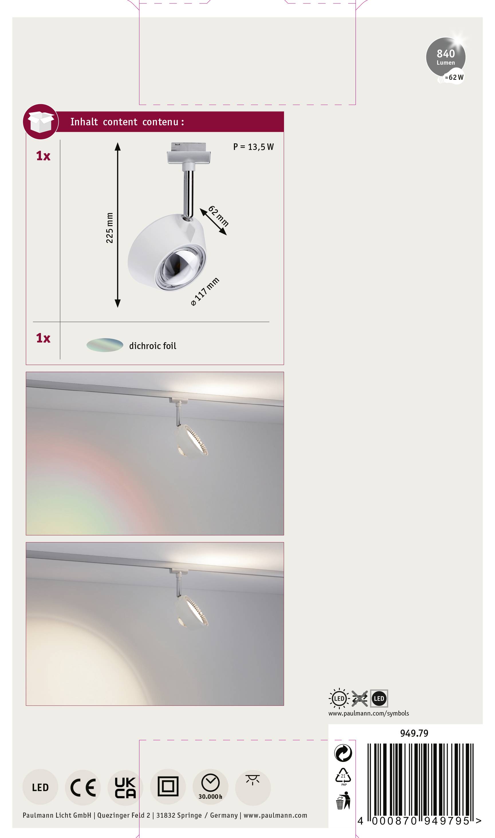 'Produktverpackung für Deckenleuchte. Enthält Abbildung der Lampe mit Schwenkfunktion und zwei Lichtbeispiele. Maße und Details angegeben.'