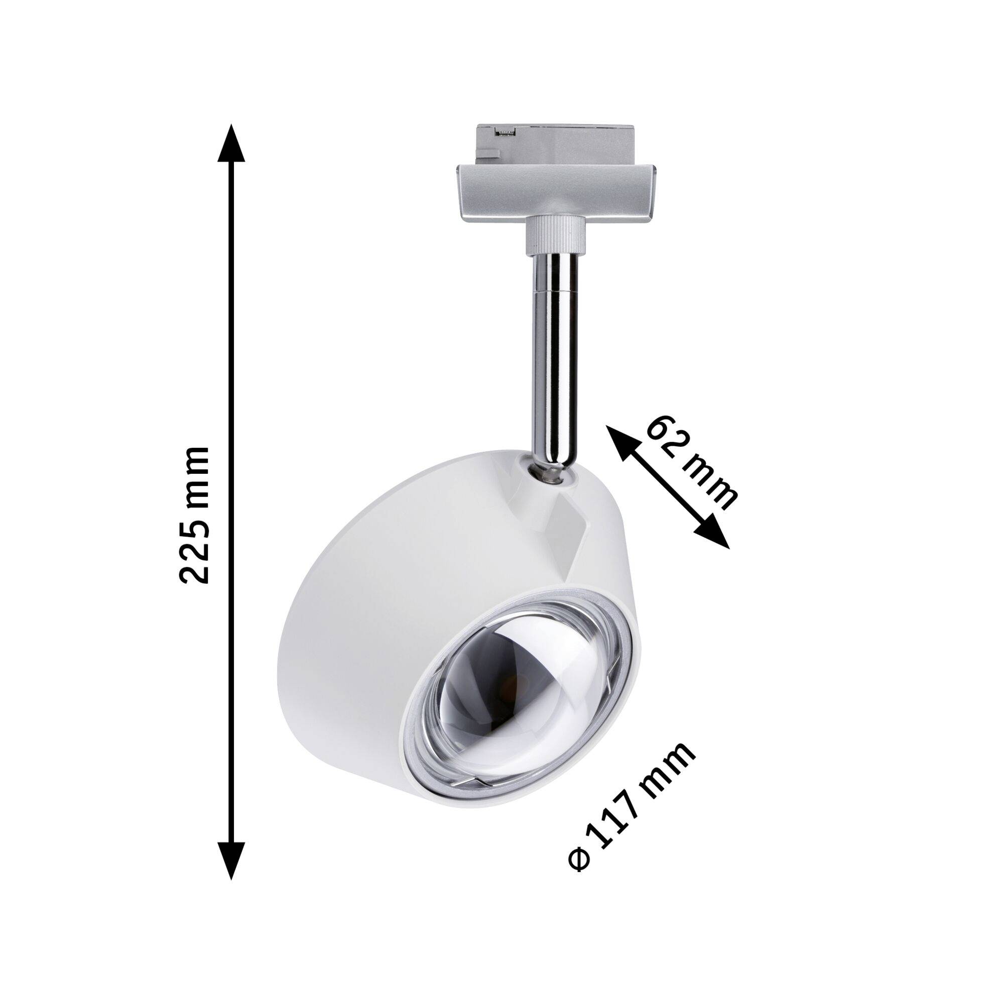 Weißer Deckenstrahler mit verstellbarem Kopf, 225 mm hoch, 117 mm Durchmesser. Geeignet für gerichtete Beleuchtung.