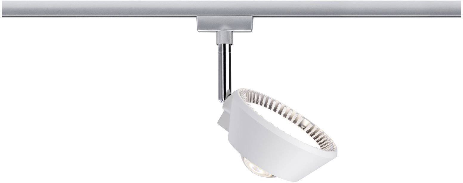 Ein runder LED-Schienenstrahler, montiert an einer silbernen Schiene. Der Strahler hat ein weißes Gehäuse und kann gedreht werden.