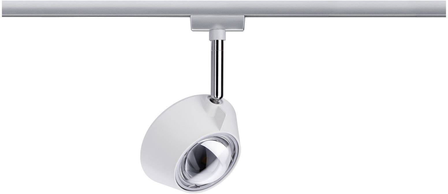 Eine moderne, weiße LED-Schienenleuchte mit verstellbarem Kopf, montiert auf einer Metallstange. Ideal zur Akzentbeleuchtung.