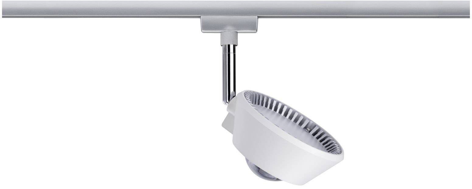 Eine moderne, weiße Deckenleuchte mit schwenkbarem Kopf, montiert an einer Schiene. Ideal für gezielte Beleuchtung in Innenräumen.