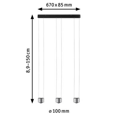 Aufhängelampe mit drei verstellbaren Leuchten. Maße: Breite 670 mm, Tiefe 85 mm, Höhe 89-1500 mm, Durchmesser der Leuchten 100 mm.