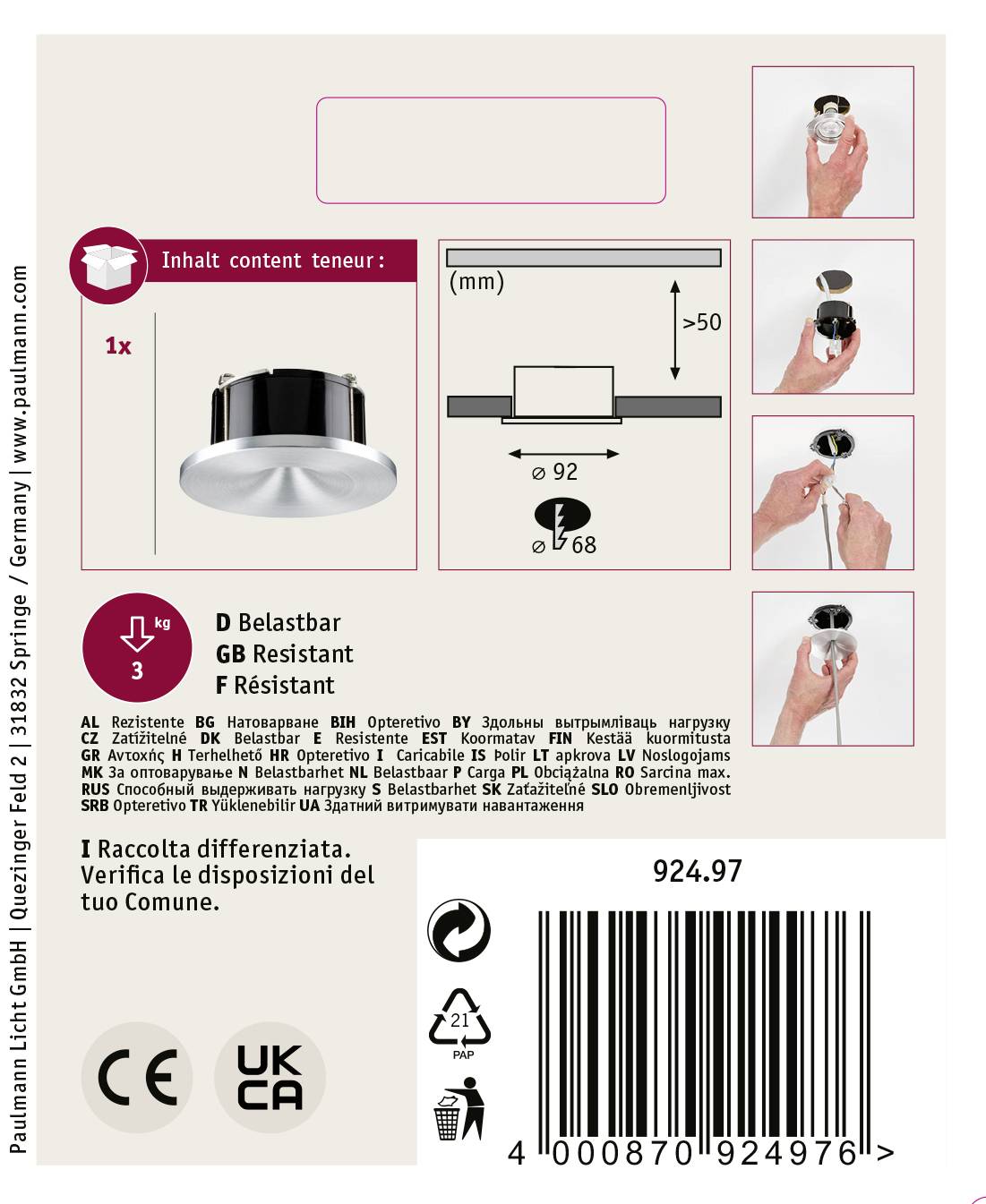Verpackungsrückseite einer LED-Lampe mit Montageanleitung. Enthält Symbole für Produktzertifizierungen und Barcodes zur Identifizierung.