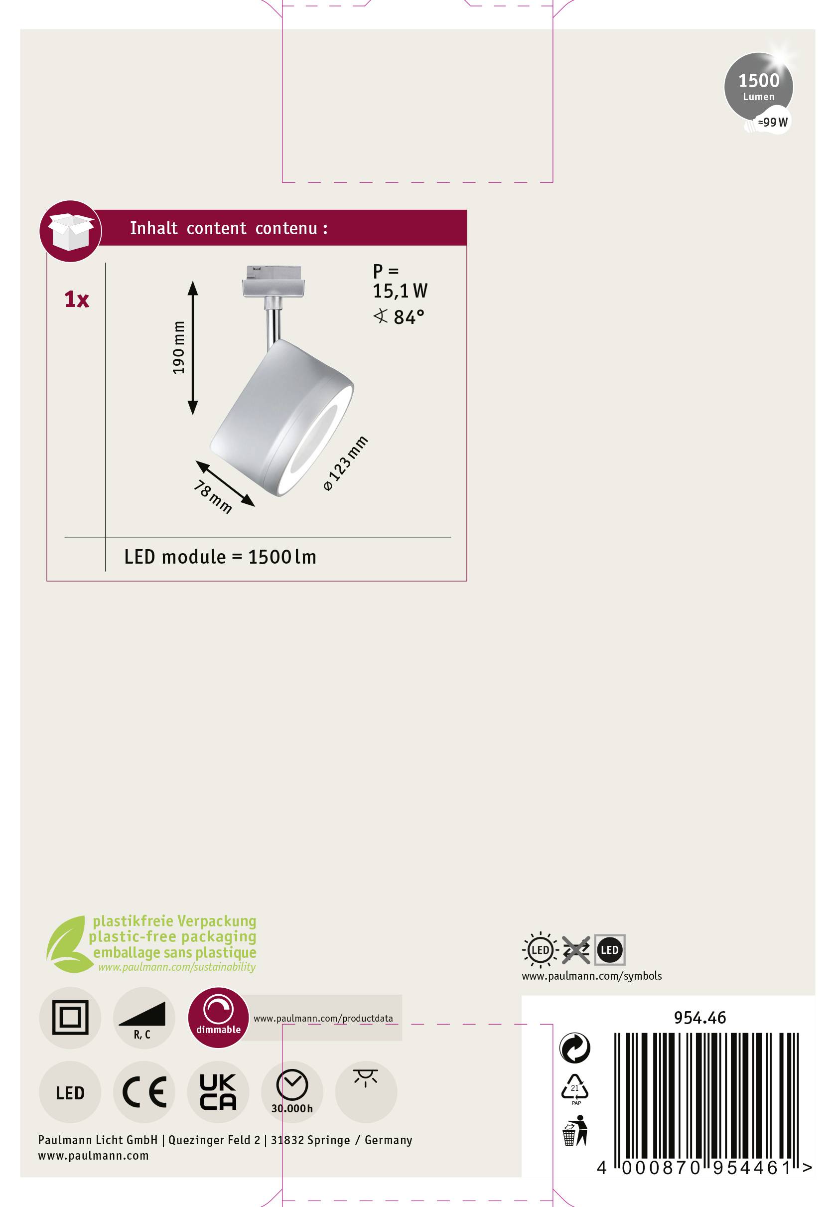 'LED-Lampe für Innenräume, 1500 Lumen, Leistung 15,1 W, Farbe Weiß, Maße 100 mm. Verpackt in umweltfreundlicher, plastikfreier Verpackung.'