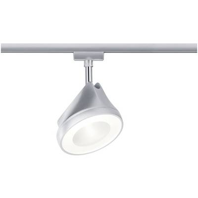 Ein moderner, zylinderförmiger Deckenstrahler aus Metall mit schwenkbarem Kopf, montiert an einer Schiene. Ideal für Akzentbeleuchtung.