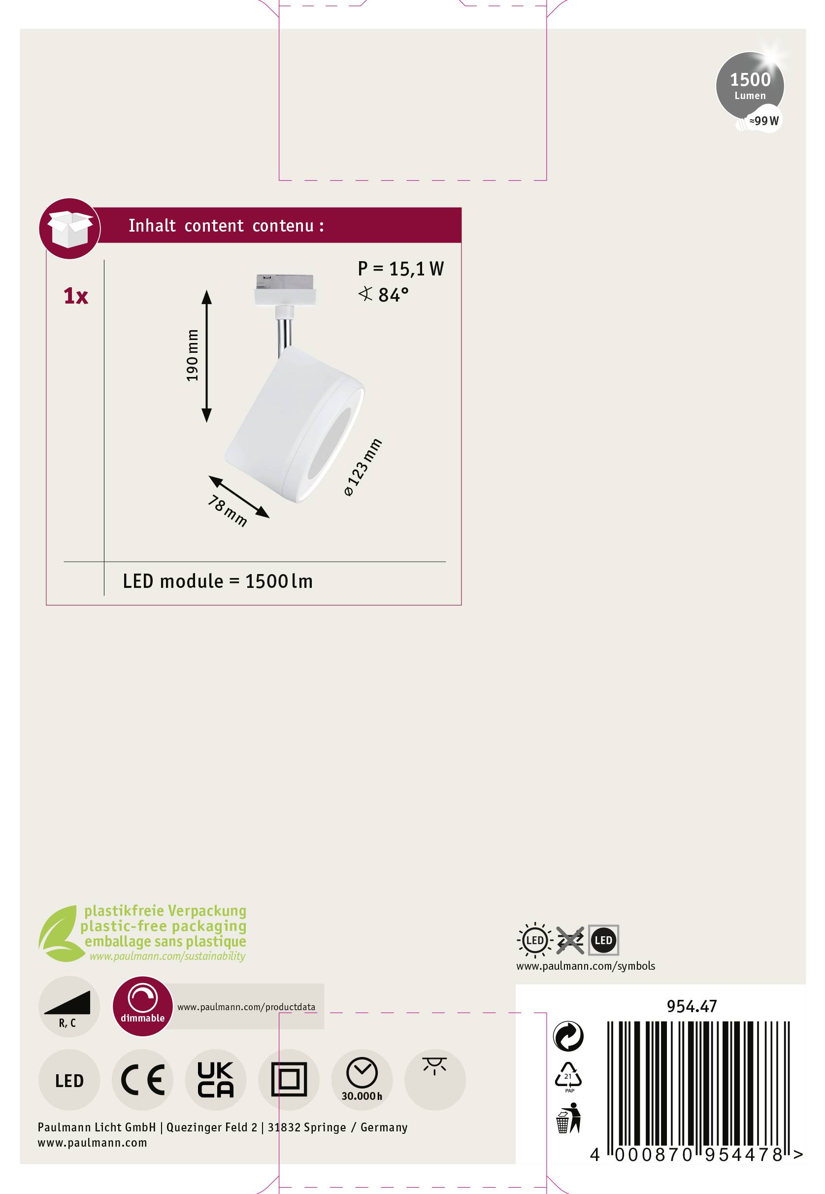 'LED-Modul = 1500lm, P = 15,1 W, ø84°, 150 mm Einbauleuchte.' Verpackung zeigt Produktinfo und Energieverbrauch.