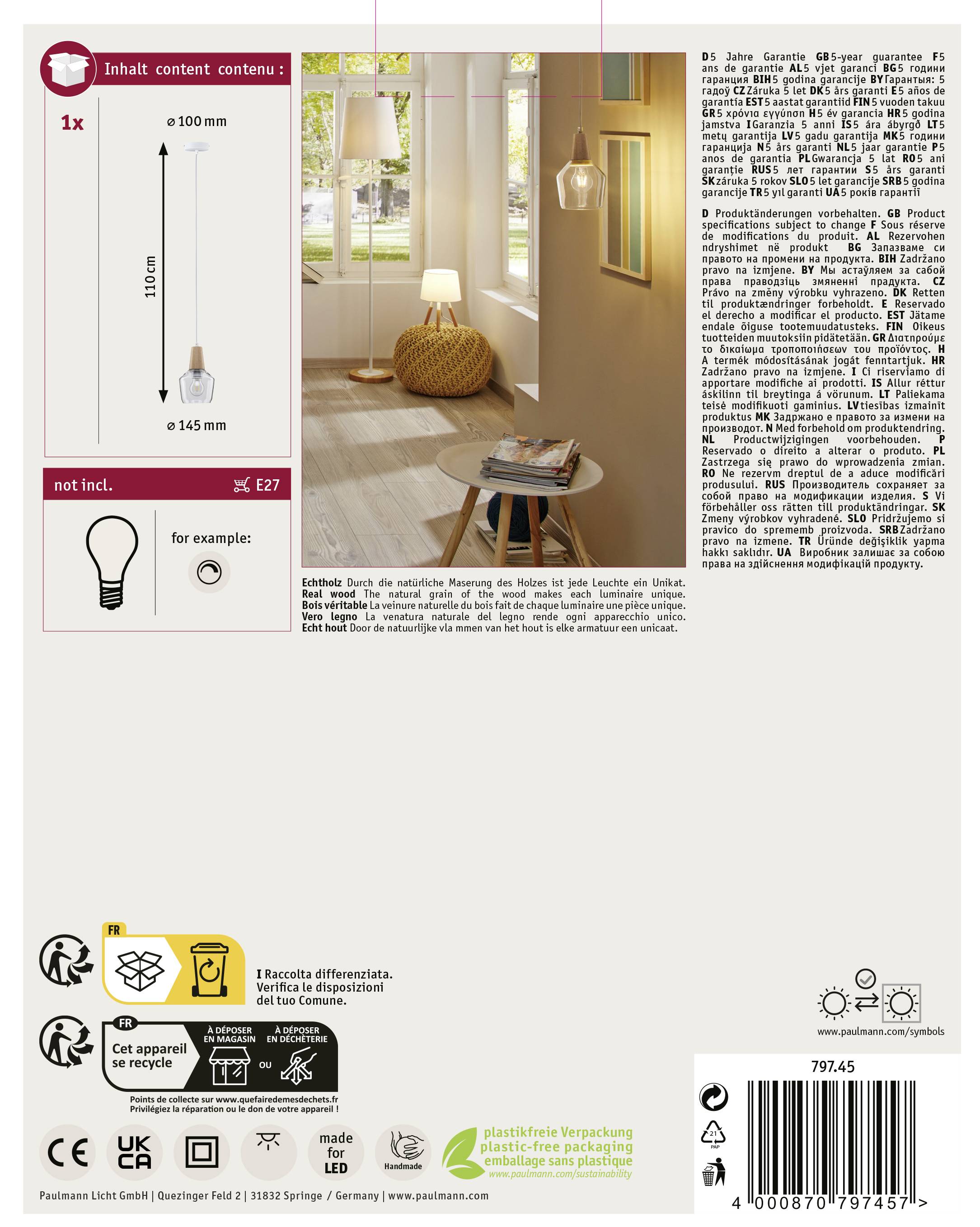 Eine Lampe ist an einem Kabel von 100 mm Durchmesser und 145 mm Länge abgebildet. Ein Wohnzimmer mit natürlichem Licht im Hintergrund.