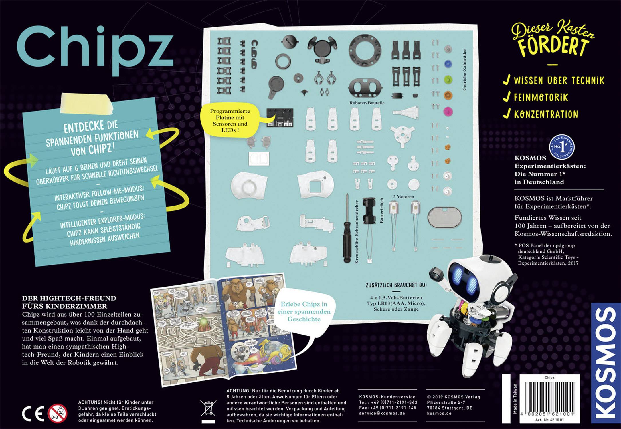 Verpackung eines Roboter-Bausatzes 'Chipz' von Kosmos mit Abbildung des Roboters, Bauteilen und Hinweisen zu Technik und Konzentrationsförderung.