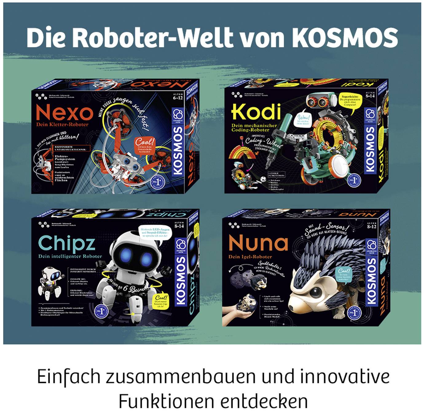 'Die Roboter-Welt von KOSMOS' zeigt vier Roboter: Nexo, Kodi, Chipz, und Nuna. Darunter Text: 'Einfach zusammenbauen und innovative Funktionen entdecken.'