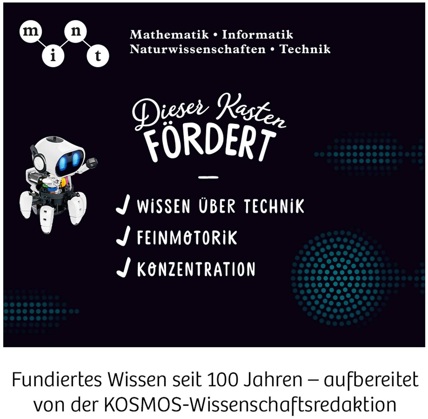'Dieser Kasten fördert Wissen über Technik, Feinmotorik, Konzentration.' Illustration eines Roboters neben dem Text.