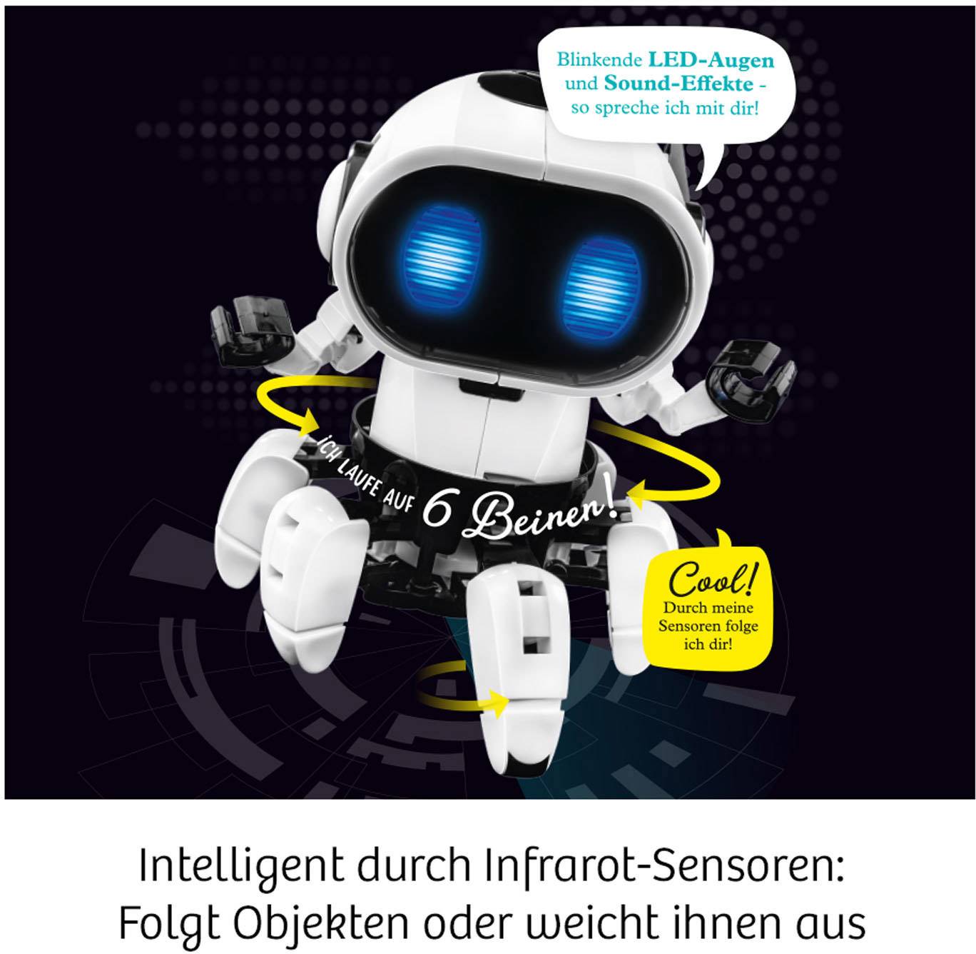 Ein weißer Roboter mit blauen LED-Augen und sechs Beinen. Text: 'Blinkende LED-Augen und Sound-Effekte', 'Ich laufe auf 6 Beinen!', 'Cool!'.